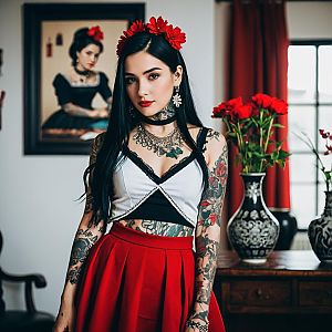 Tattooed Woman in Vintage Room with Red Flowers