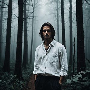 Confident Young Man in Misty Forest