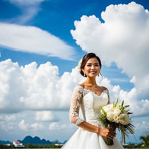 Smiling Bride in Elegant White Lace Dress Outdoors