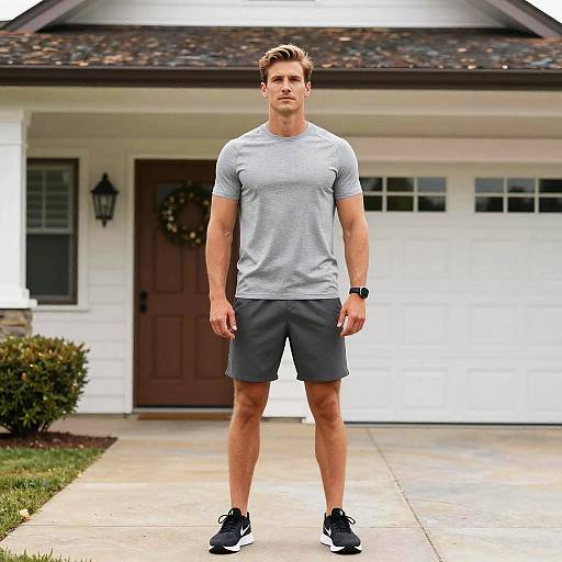 Man in Grey Workout Clothes Standing Outside Suburban Home