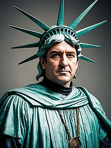 Man in Statue of Liberty Costume Photorealistic Cosplay Studio Portrait