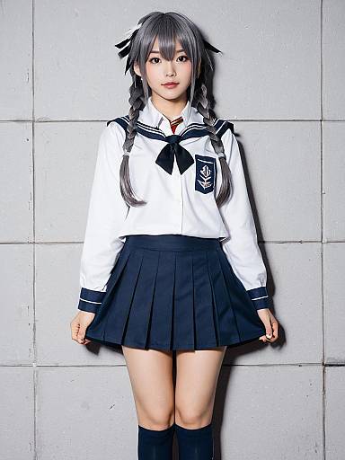 Young Woman in Japanese Sailor School Uniform Cosplay Hamanami Kancolle