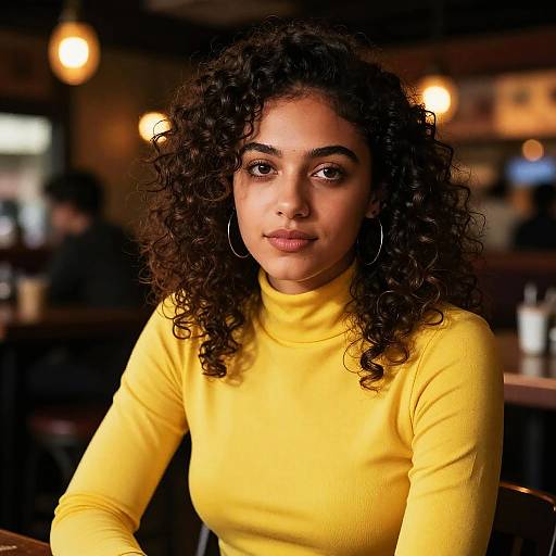 Young Woman in Yellow Turtleneck Sitting in Café Portrait Gen Z Style