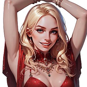 Smiling Woman in Sparkling Red Outfit with Jewelry