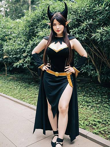 Fantasy Woman in Dark Sorceress Costume with Horns and Elf Ears Outdoors
