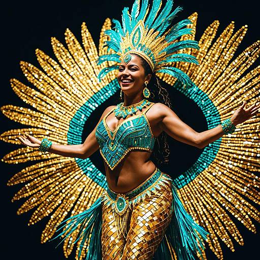 Woman in Vibrant Turquoise and Gold Carnival Costume with Feathered Headdress