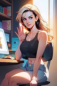 Digital Anime Style Illustration of Woman in Black Crop Top at Desk