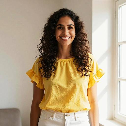 Smiling Woman in Yellow Blouse and White Pants by Window