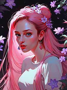Young Woman with Pink Hair and Purple Flowers