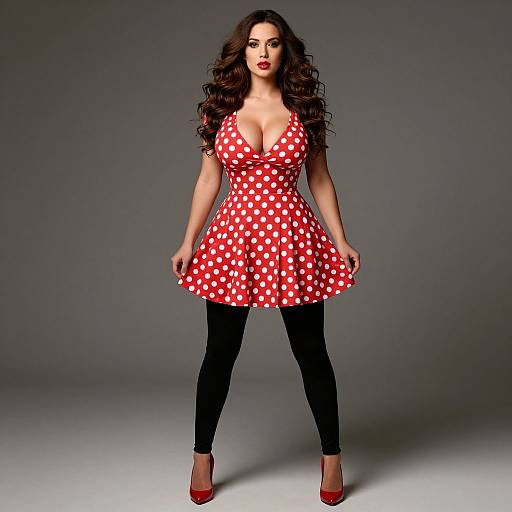 Retro Style Woman in Red Polka Dot Dress with Black Leggings