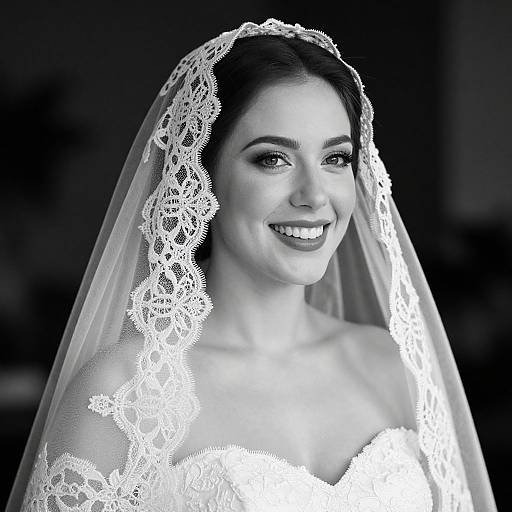 Elegant Bride Wearing Lace Veil and Wedding Dress Black and White Portrait