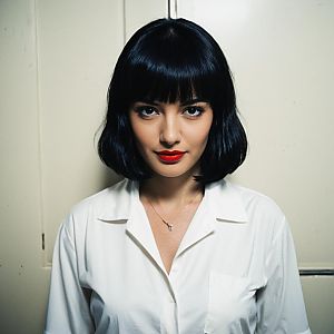 Portrait of Woman with Black Bob Hair and Red Lipstick in White Shirt