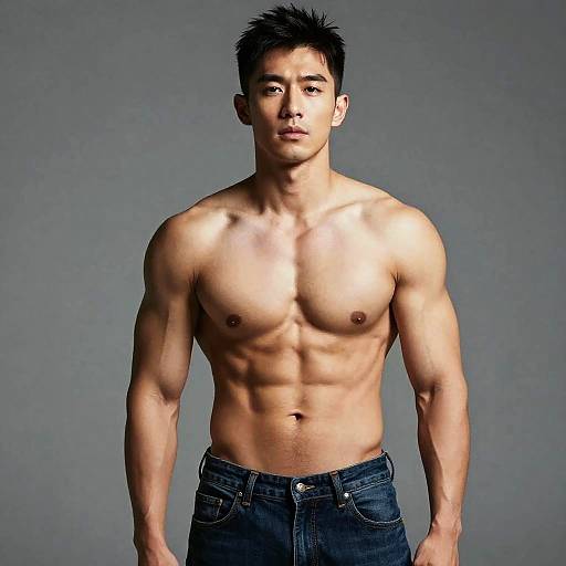 Muscular Asian Man Shirtless Wearing Jeans Fitness Model