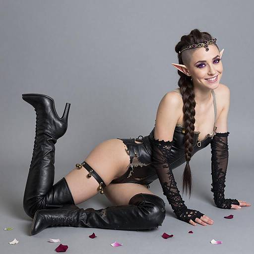 Young Woman in Fantasy Cosplay Leather Outfit with Elf Ears