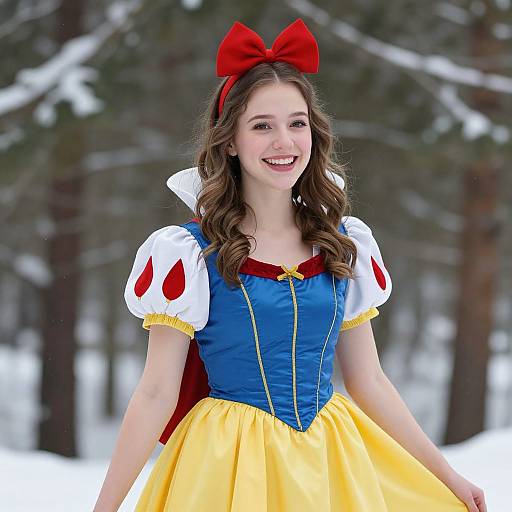 Young Woman in Snow White Costume Smiling Outdoors in Snowy Forest