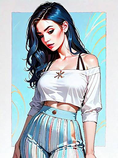 Stylized Digital Portrait of Woman in Cropped Top and Striped Pants