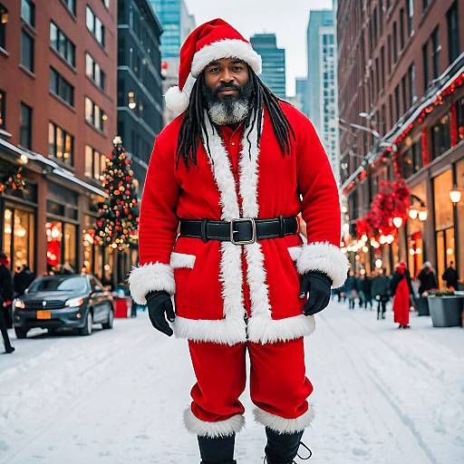 Man Dressed as Santa Claus in Festive Snowy City Street