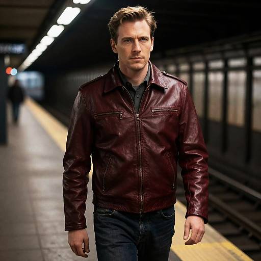 Man in Maroon Leather Jacket Walking in Subway Station