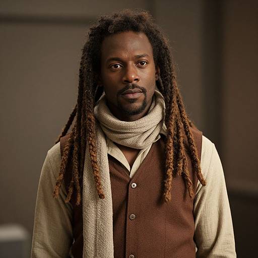 Portrait of Man with Dreadlocks Wearing Beige Shirt, Brown Vest, and Knitted Scarf