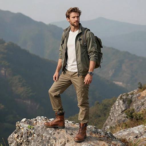 Man Hiking on Mountain Rock with Backpack in Outdoor Adventure