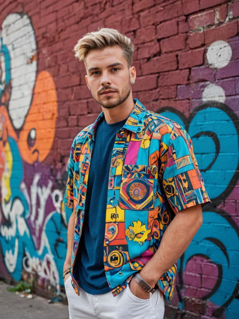 Stylish young man in front of graffiti wall