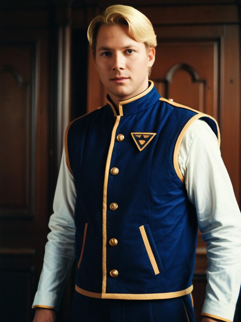 Man in Realistic Andrew Detmer Cosplay Costume Wearing Blue and Gold Vest