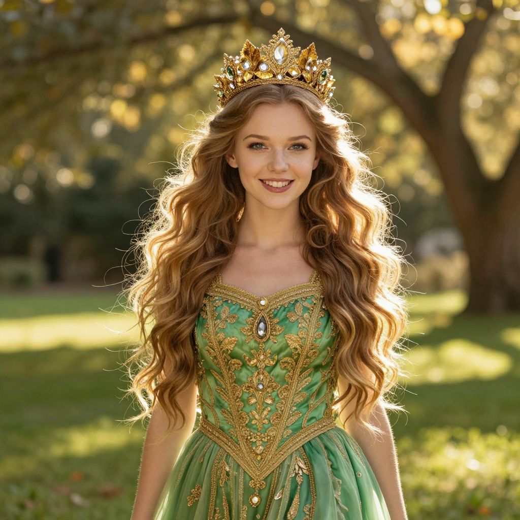 Portrait of Woman in Green and Gold Medieval Gown with Crown Outdoors