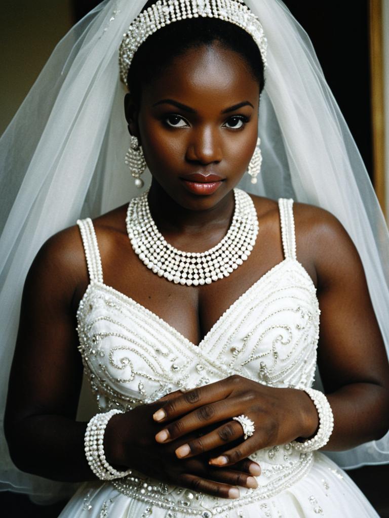 Elegant African Bride in Beaded White Wedding Dress and Pearl Jewelry
