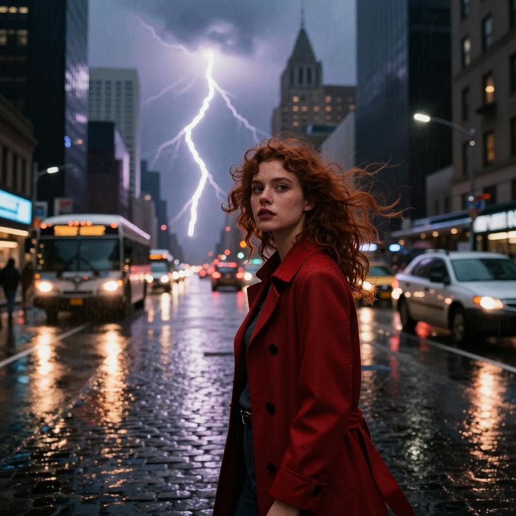 Young Woman in Red Coat on Rainy City Street with Lightning Strike