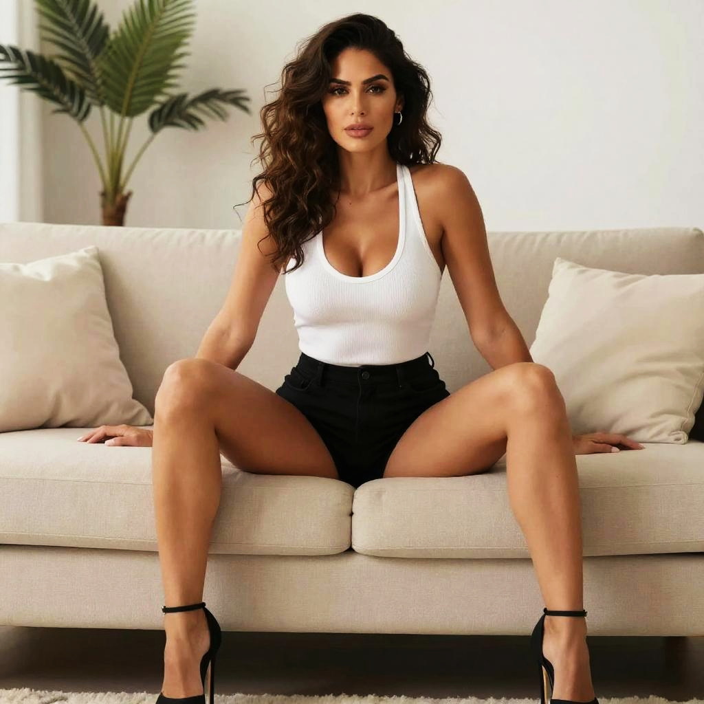 Stylish Woman in White Top and Black Shorts Sitting on Couch Gen Z Fashion