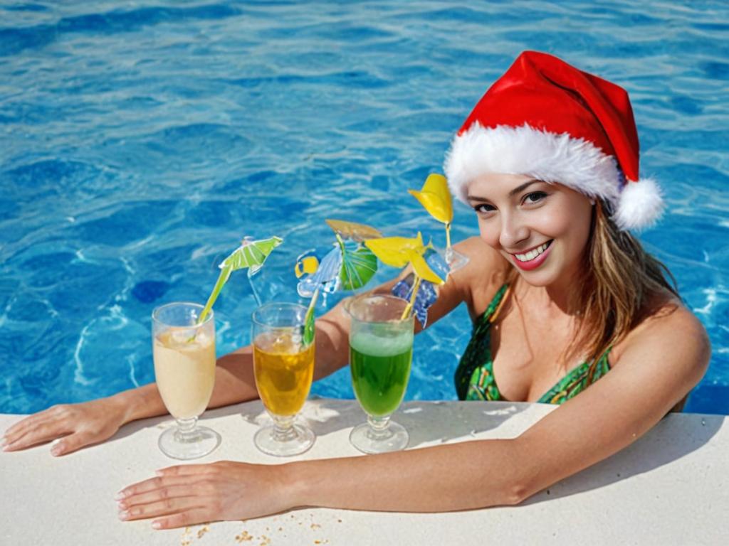 Cheerful Woman in Santa Hat Enjoys Tropical Christmas by Poolside