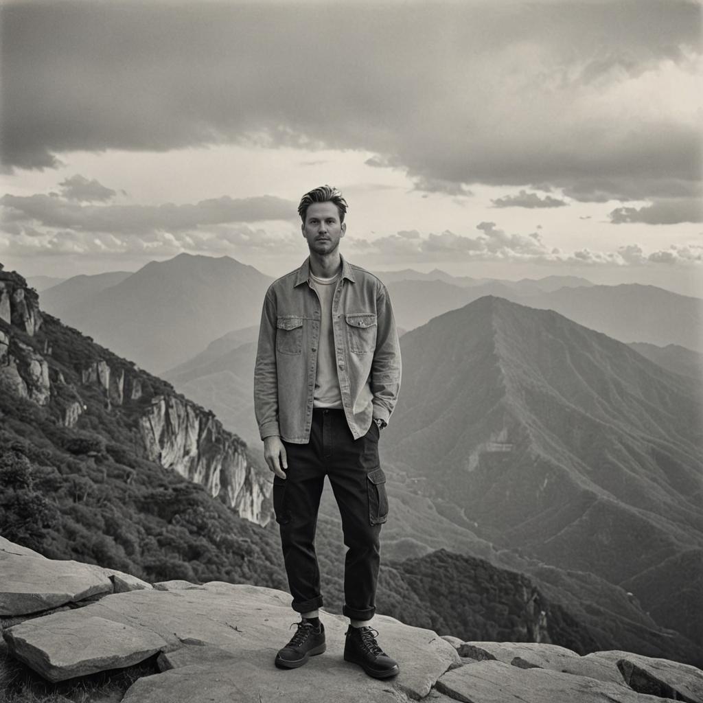 Confident Man on Mountain Overlook - Black and White Portrait