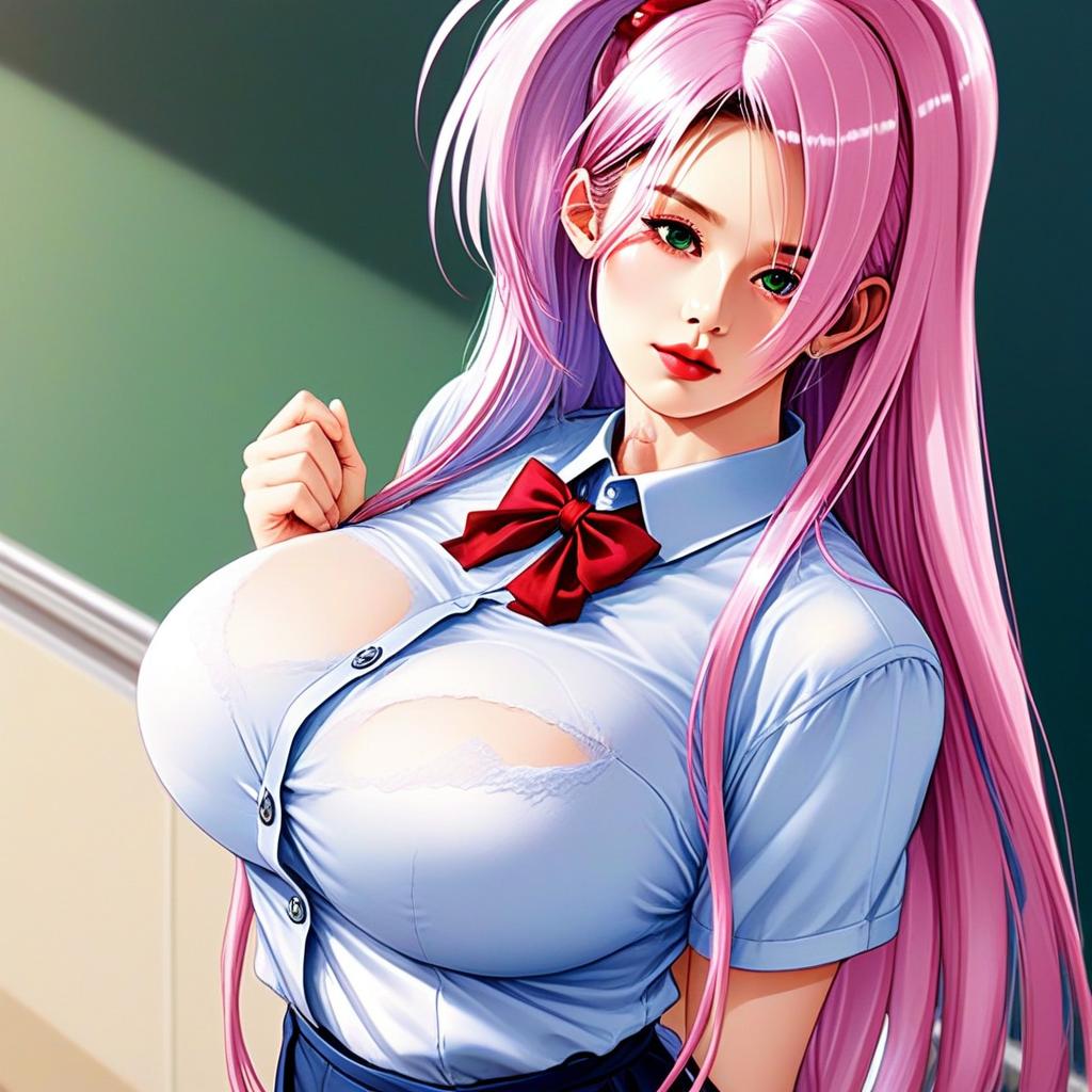 Anime Girl with Pink Hair in School Uniform Digital Illustration