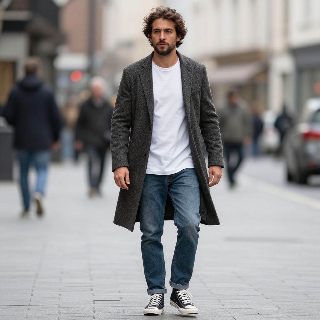 Man Walking in City Wearing Gray Coat, White T-Shirt and Jeans