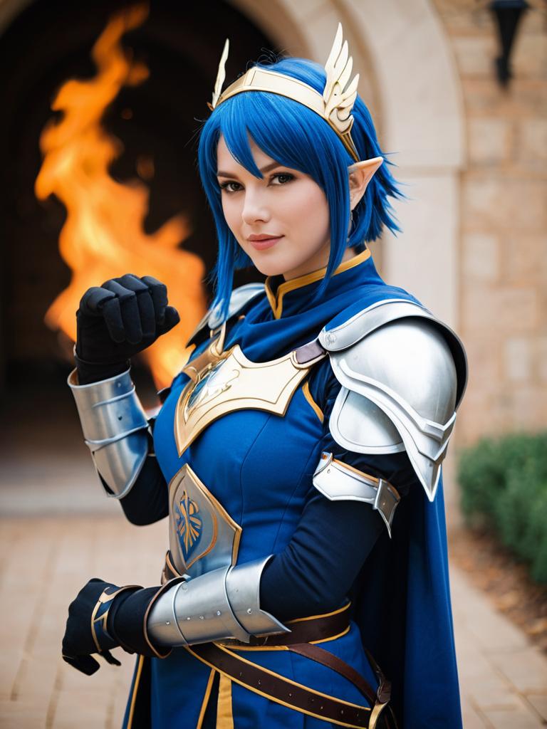 Realistic Catria Cosplay from Fire Emblem with Blue Armor and Fiery Background