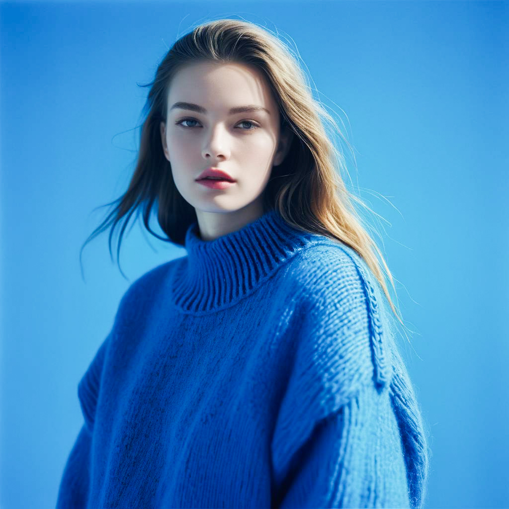 Woman in Blue Sweater Against Blue Background