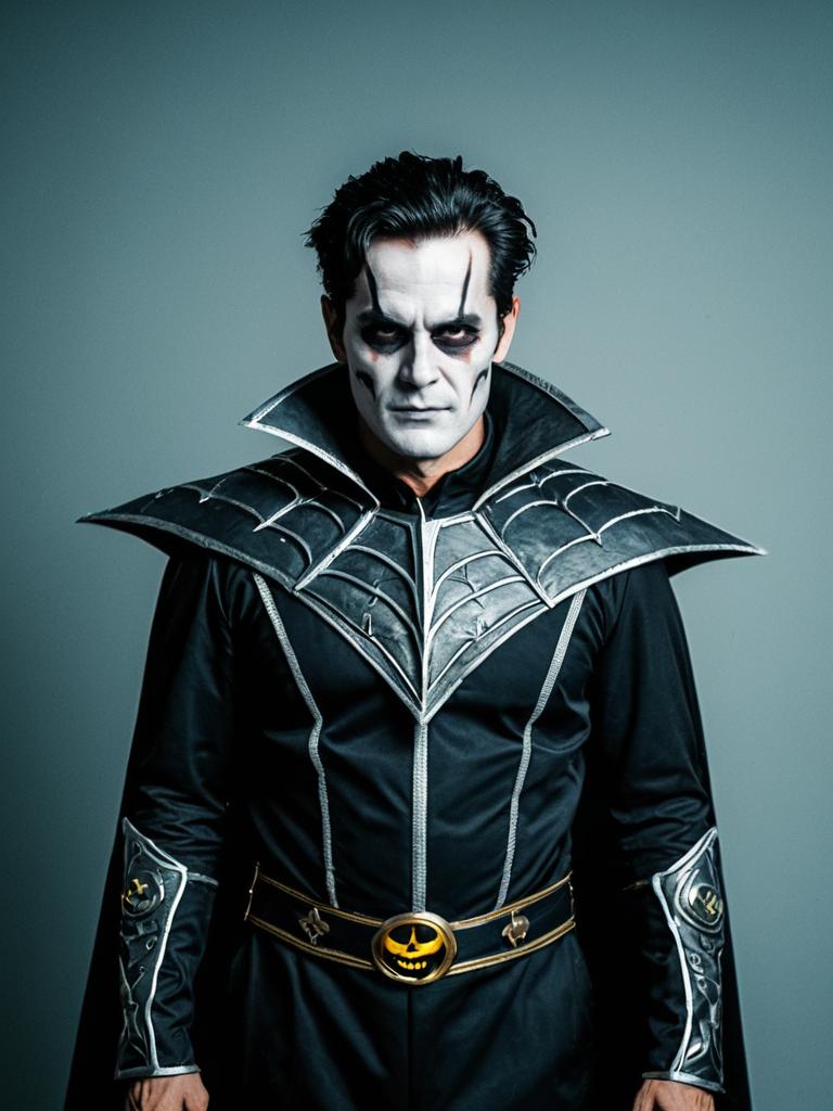 Man in High-Quality Halloween Costume with Spider Web Design and Face Paint