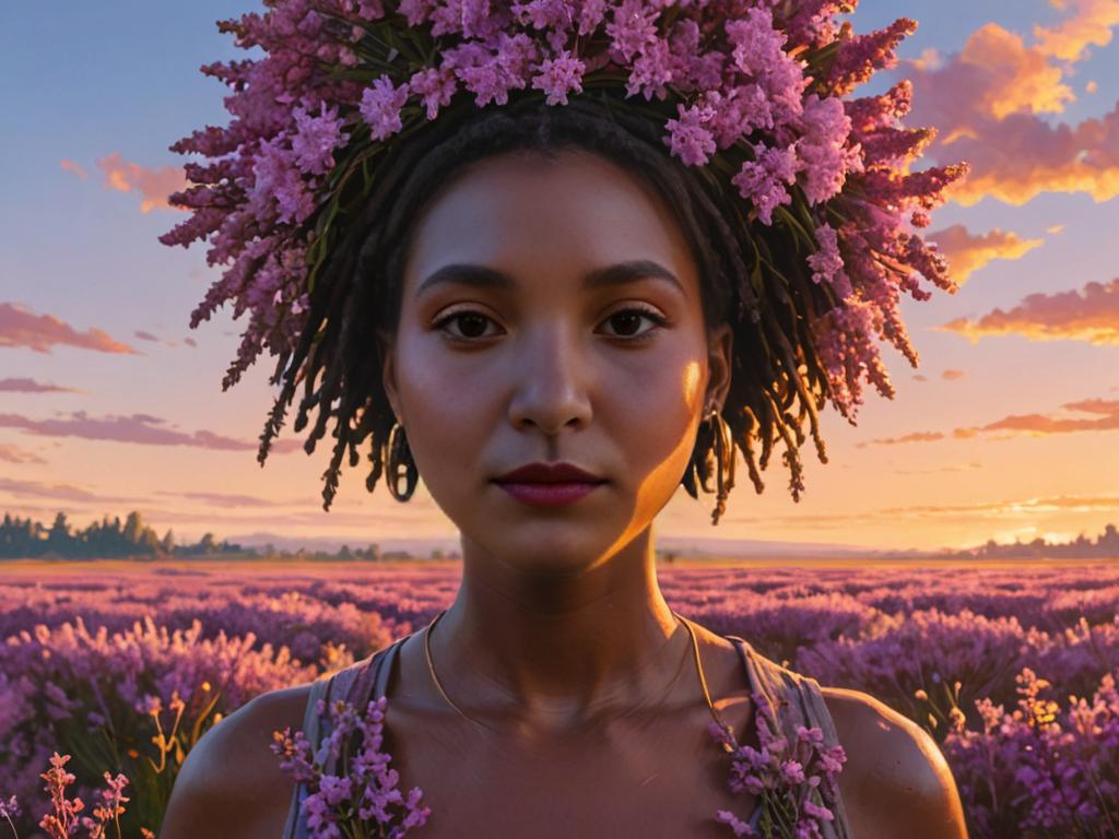 African Woman Merged with Flower in Sunset Field