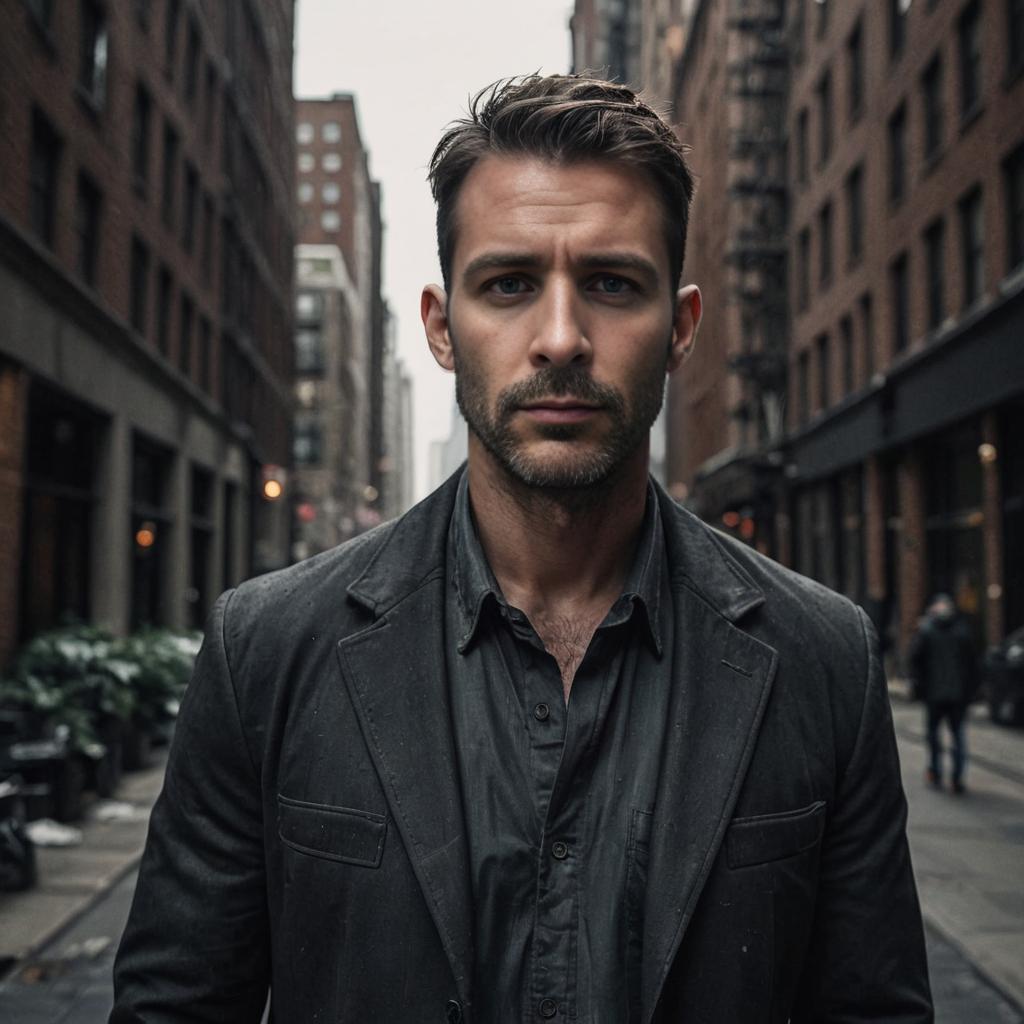 Stylish man in black jacket on city street