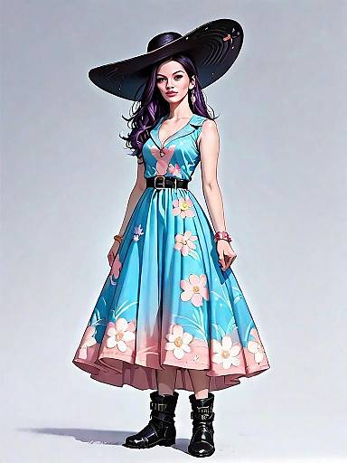 Stylish Woman in Blue Boho Chic Floral Dress with Black Wide-Brimmed Hat