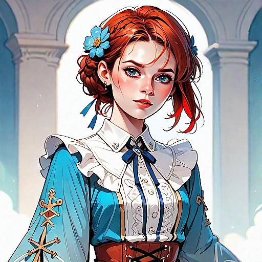 Digital Portrait of Red-Haired Woman in Victorian Style Blue Dress