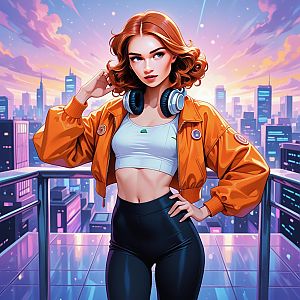 Confident Red-Haired Woman on Balcony Overlooking Futuristic City