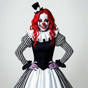 Creative Clown Costume with Vibrant Red Hair