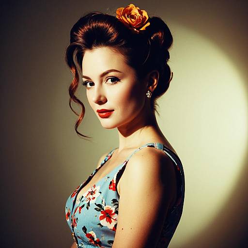Vintage Style Woman with Floral Dress and Retro Hairstyle