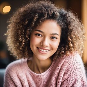 Smiling Young Woman in Pink Sweater