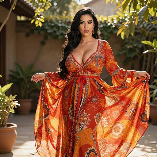 Bohemian Woman Wearing Flowing Orange Patterned Maxi Dress Outdoors