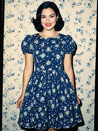 Vintage Blue Floral Party Dress on Woman in Classic Style