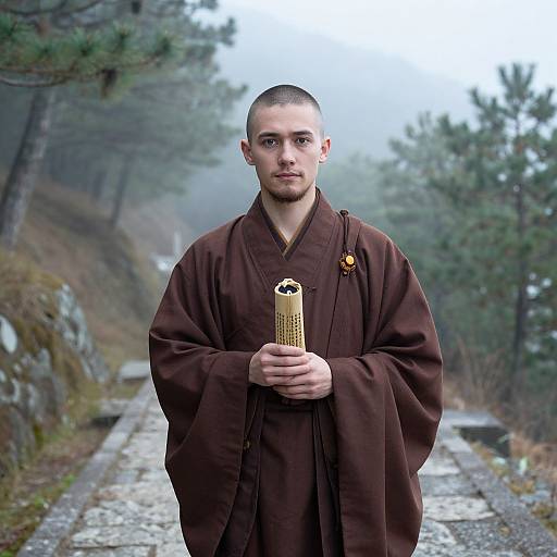 Young Buddhist Monk in Traditional Robes Holding Scroll on Mountain Path