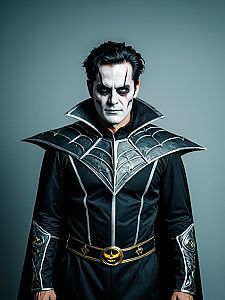 Man in High-Quality Halloween Costume with Spider Web Design and Face Paint