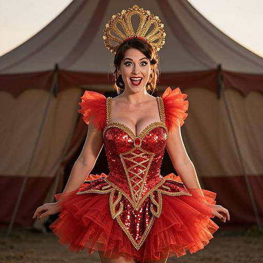 Woman in Red Sequin Circus Costume with Gold Headpiece